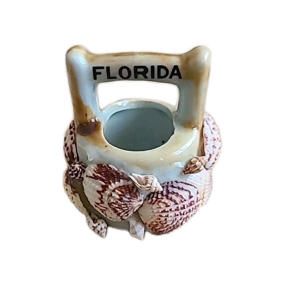 Vintage Handmade Mini Porcelain Sea Shell Basket 2.5 inTall Florida Souvenir